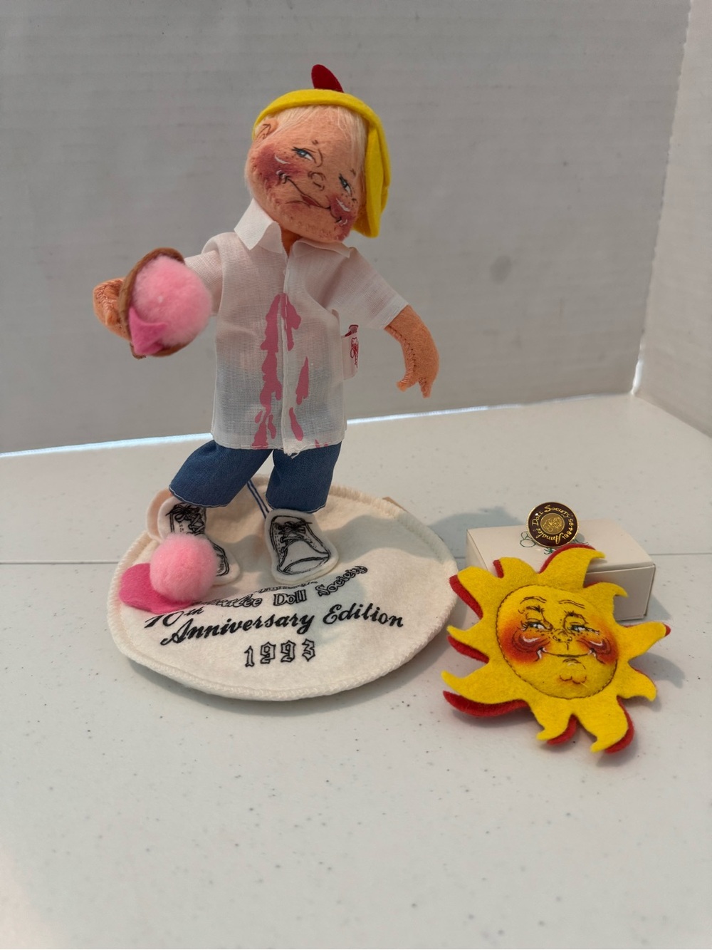 Annalee Doll Anniversary Display with Pink Pom Poms and Yellow Sun